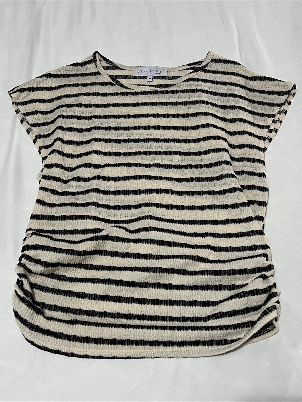 C’est La Vie Striped Ruched Cap Sleeve Top